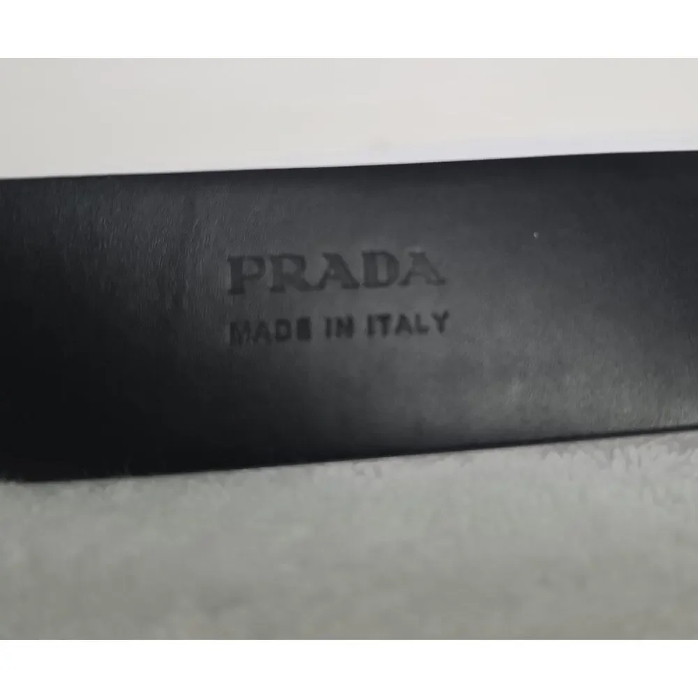 PRADA Milano Men's Black Dress Belt Silver Oval Logo Buckle 40mm Italy w/COA
